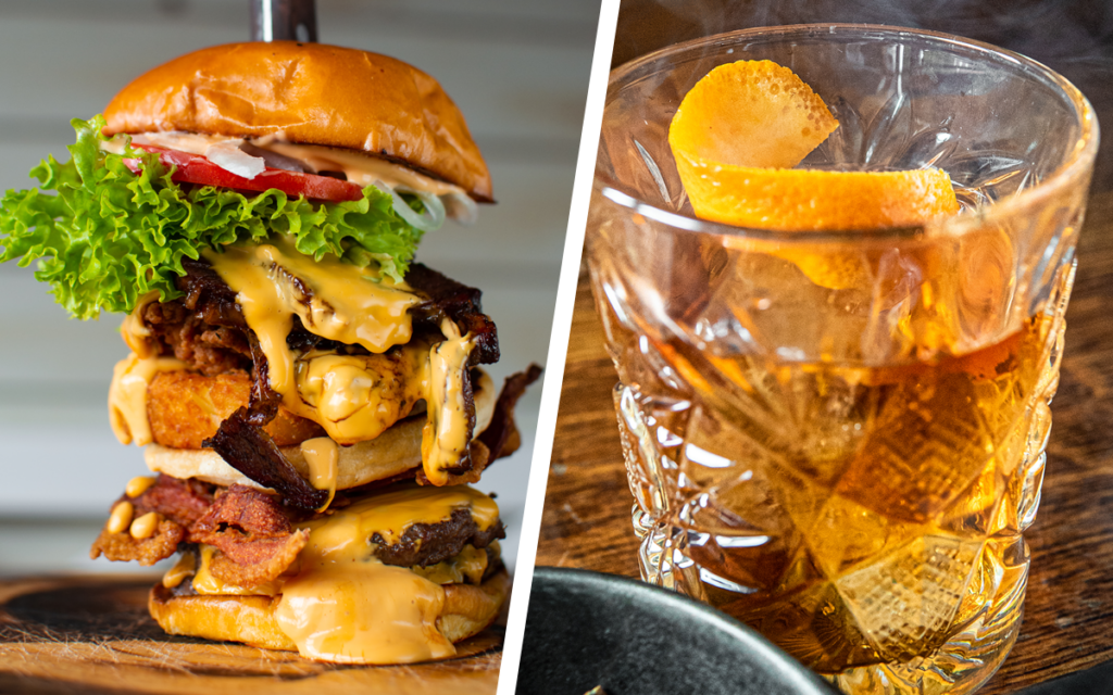 The Hickory's go big or go home burger and a classic old fashioned cocktail. The perfect combo for Dad this Father's Day