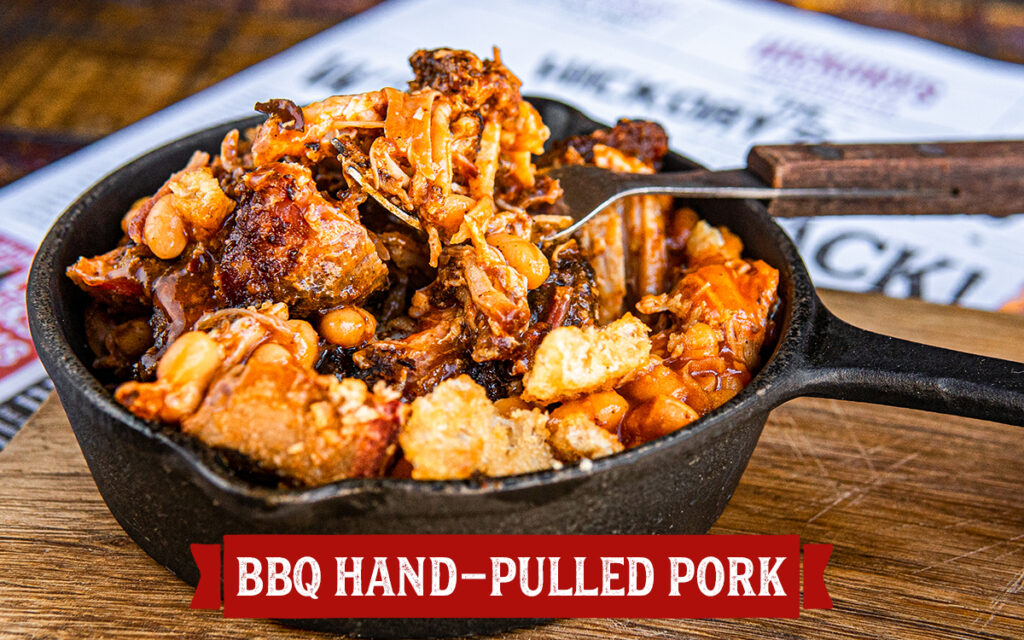 A skillet of Hickory's 14-hour smoked pulled pork