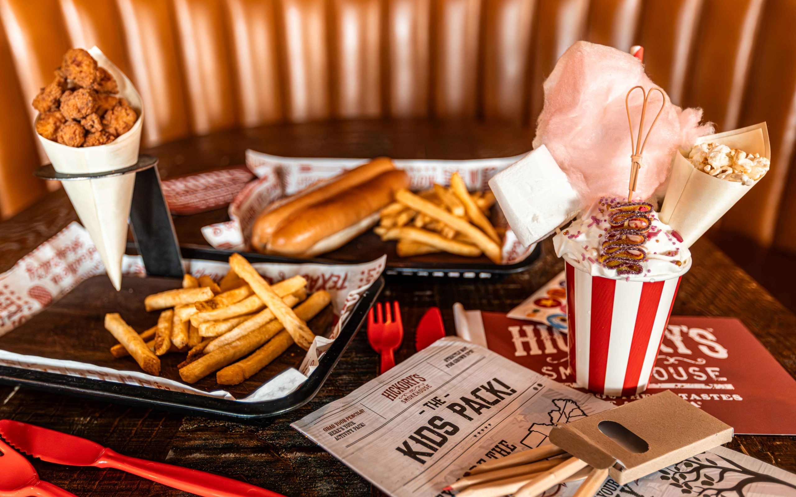 Hickorys Smokehouse Kids Table Shot with Cod Bites, Hot Dog, Chips and Crazy Carnival Freakshake